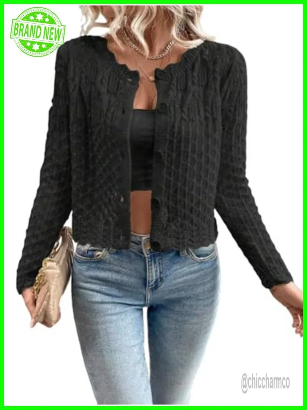 Women's Hollow Out Knit Cardigan Scalloped Crewneck Cropped Sweater Long Sleeve